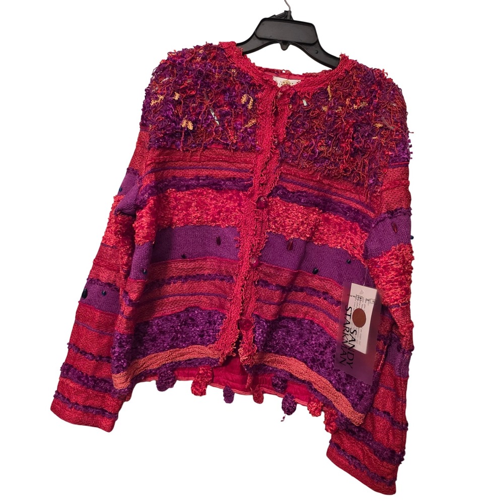 Sandy Starkman Hand Woven Beaded Cardigan Sweater Pink Purple Red XL NWT